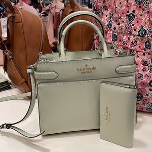 Kate Spade Staci Medium Satchel & Staci Large Slim Bifold Wallet Sage Bundle